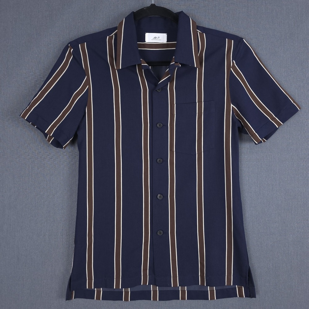 Mr P. Porter Camp Collar Shirt Mens XS/S Blue Brown Striped Short Sleeve Button